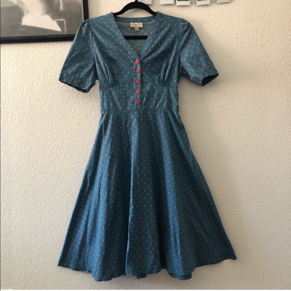 Lindy Bop Vintage Day Blue Polka Dress Sz Medium